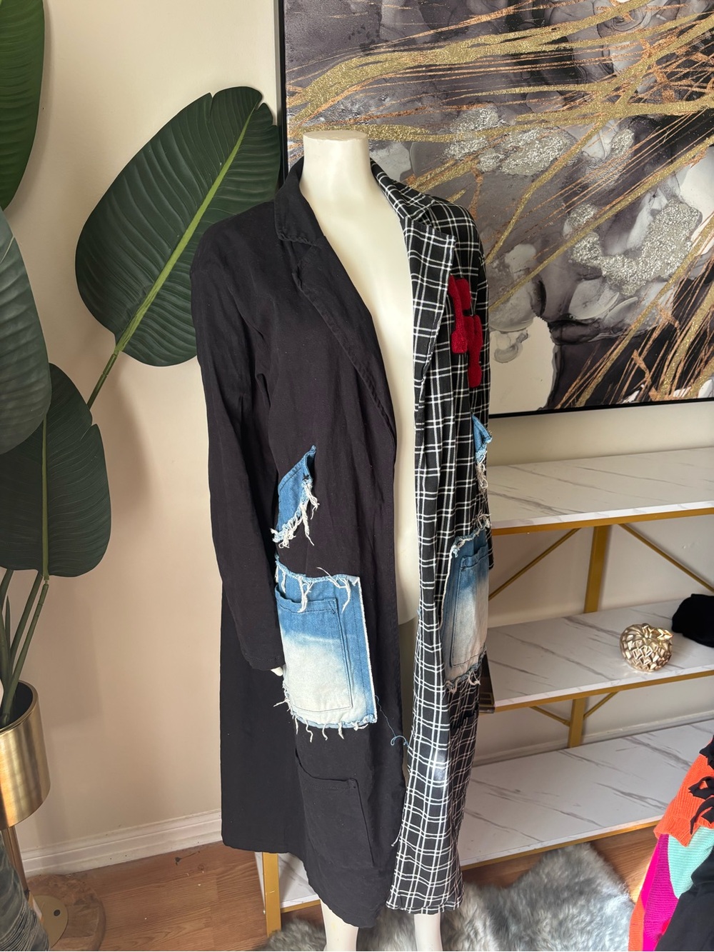 Black Patchwork Long Coat with Denim Pockets